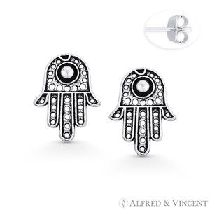 Hamsa Hand Evil Eye Luck Charm Stud Earrings in Oxidized .925 Sterling Silver